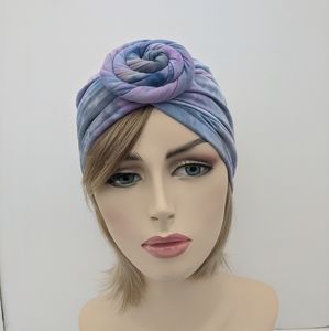 Tie Dye Turban Hat Cap Blue Purple Pink Gray Knot